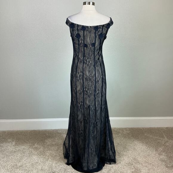 AQUA Off the Shoulder Sequined Floral Lace A-Line Evening Gown Blue Size 8 Dress - Picture 5 of 12